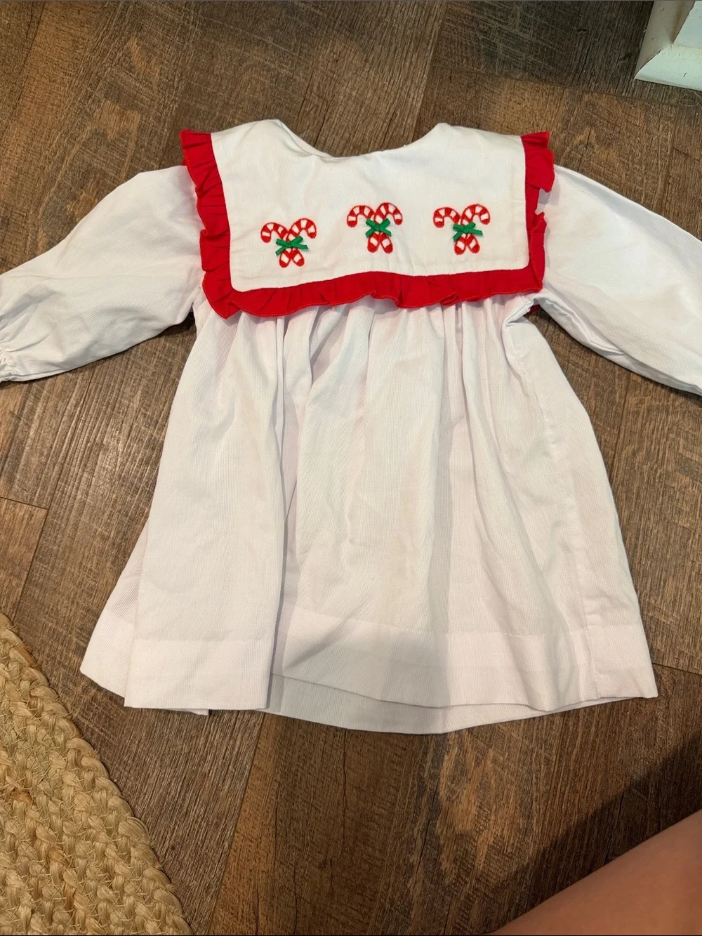 Girls White Holiday Dress with Red Trim and Candy Cane Embroidery
